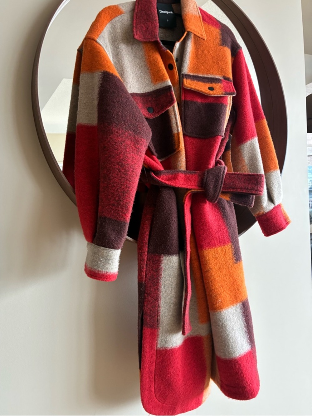 Desigual Red Orange Brown Cream Colorblock Belted Wool Coat